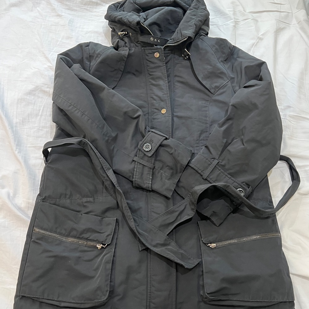 black Hooded Trench coat With Belt Sz M.